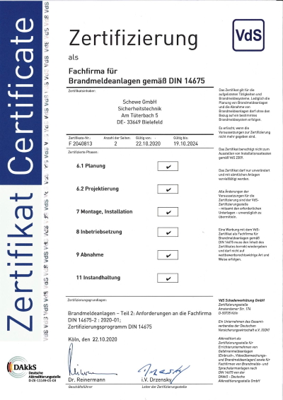 Zertifizierung als Fachfirma für Brandmeldeanlagen gemäß DIN14675